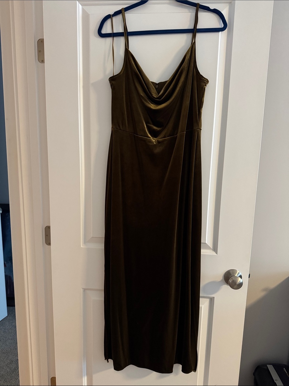 Velvet Spaghetti Strap Cowl Neck Olive Green Slip Dress